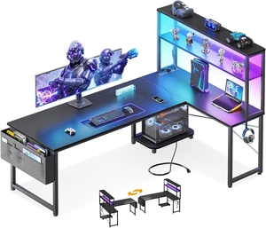 ODK 61" L Shaped Gaming Computer Desk with Shelves, LED & Outlets, Black,Headset hook. Storage bag. Shelves for books & supplies. LED for gaming nights. Reversible. Room for multiple monitors. ODK 61" L Shaped Gaming Computer Desk with Shelves, LED & Outlets, Black,Headset hook. Storage bag. Shelves for books & supplies. LED for gaming nights. Reversible. Room for multiple monitors.
