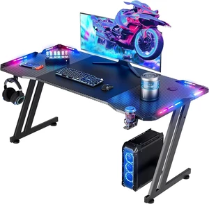 HLDIRECT 55 Inch Gaming Desk Z Shaped Carbon Fiber Computer Desk with LED,Ergonomic Gamer Desk for Home Office, Large PC Table with Cup Holder Headphone Hook and Spacious Desktop for Gaming Setup HLDIRECT 55 Inch Gaming Desk Z Shaped Carbon Fiber Computer Desk with LED,Ergonomic Gamer Desk for Home Office, Large PC Table with Cup Holder Headphone Hook and Spacious Desktop for Gaming Setup