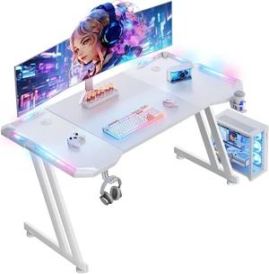 HLDIRECT 47 Inch Gaming Desk with App-Controlled RGB LED Lights, White,Z-shaped frame design, cup holder, headphone hook, cable management & mouse pad, for dual-monitor gaming and work setup HLDIRECT 47 Inch Gaming Desk with App-Controlled RGB LED Lights, White,Z-shaped frame design, cup holder, headphone hook, cable management & mouse pad, for dual-monitor gaming and work setup