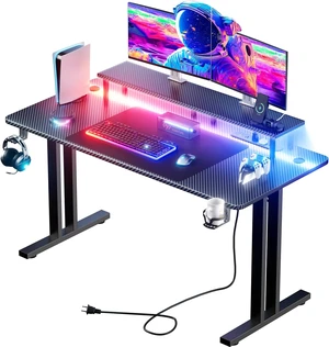HLDIRECT 47 Inch Gaming Desk with LED Lights & Cable Management, Black,Ergonomic carbon fiber gaming computer desk with 5 sockets, monitor stand, cup holder, headphone hook & mouse pad for gamers HLDIRECT 47 Inch Gaming Desk with LED Lights & Cable Management, Black,Ergonomic carbon fiber gaming computer desk with 5 sockets, monitor stand, cup holder, headphone hook & mouse pad for gamers
