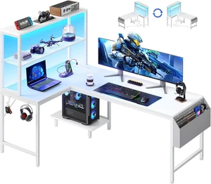 L Shaped Gaming Desk with LED Lights & Power Outlets,Reversible Computer Desk with Storage Shelves & Bag, Large Corner Home Office Desk with Pegboard for Work from Home, White L Shaped Gaming Desk with LED Lights & Power Outlets,Reversible Computer Desk with Storage Shelves & Bag, Large Corner Home Office Desk with Pegboard for Work from Home, White