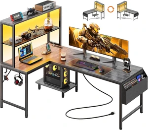 L Shaped Gaming Desk with LED Lights & Power Outlets,Reversible Computer Desk with Storage Shelves & Bag, Large Corner Home Office Desk with Pegboard for Work from Home, Grey L Shaped Gaming Desk with LED Lights & Power Outlets,Reversible Computer Desk with Storage Shelves & Bag, Large Corner Home Office Desk with Pegboard for Work from Home, Grey