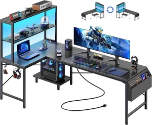 L Shaped Gaming Desk with LED Lights & Power Outlets,Reversible Computer Desk with Storage Shelves & Bag, Large Corner Home Office Desk with Pegboard for Work from Home, Black L Shaped Gaming Desk with LED Lights & Power Outlets,Reversible Computer Desk with Storage Shelves & Bag, Large Corner Home Office Desk with Pegboard for Work from Home, Black