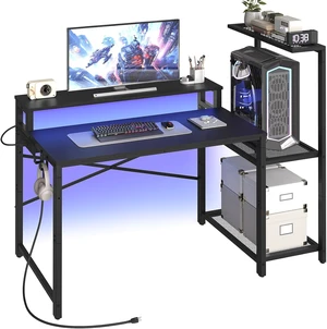 Computer Desk with LED Light and Power Outlet, Gaming Desk,Reversible Gaming Desk with Monitor Stand and 2 Side Hooks, Home Office Desk for Living Room, Bedroom Computer Desk with LED Light and Power Outlet, Gaming Desk,Reversible Gaming Desk with Monitor Stand and 2 Side Hooks, Home Office Desk for Living Room, Bedroom