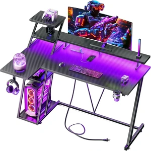 47 Inch Gaming Desk with LED & Power Outlet, Carbon Fiber Black,L Shaped Computer Desk, Gamer Workstations, Storage Shelves, Monitor Stand, for Bedroom & Gaming Room 47 Inch Gaming Desk with LED & Power Outlet, Carbon Fiber Black,L Shaped Computer Desk, Gamer Workstations, Storage Shelves, Monitor Stand, for Bedroom & Gaming Room