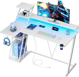 47 Inch Gaming Desk with LED & Power Outlet, Carbon Fiber White,L Shaped Computer Desk, Gamer Workstations, Storage Shelves, Monitor Stand, for Bedroom & Gaming Room 47 Inch Gaming Desk with LED & Power Outlet, Carbon Fiber White,L Shaped Computer Desk, Gamer Workstations, Storage Shelves, Monitor Stand, for Bedroom & Gaming Room