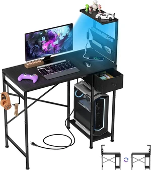 33.7 Inch Small Gaming Desk Table with LED Lights & Power Outlets, Compact L Shaped Gaming Computer Desk with CPU Stand, Drawer & Storage, Corner PC Desk for Kids, Home Office , Bedroom, Black 33.7 Inch Small Gaming Desk Table with LED Lights & Power Outlets, Compact L Shaped Gaming Computer Desk with CPU Stand, Drawer & Storage, Corner PC Desk for Kids, Home Office , Bedroom, Black