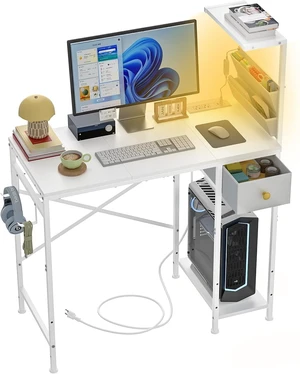 33.7" Computer Desk with Power Outlets, LED Lights & Drawer, Small Office Desk with Storage Bag & Hooks, Gaming Desk for Bedrooms or Home Office, Compact Study Desk for Small Spaces,White 33.7" Computer Desk with Power Outlets, LED Lights & Drawer, Small Office Desk with Storage Bag & Hooks, Gaming Desk for Bedrooms or Home Office, Compact Study Desk for Small Spaces,White