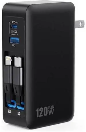 USB C Charger Block 120W, Built-in 2 Retractable Cables, 4-in-1 GaN IV Charger Fast Charging Foldable Plug Wall Charger, PD 65W Laptop Charger for MacBook, iPad, iPhone 16/15/14, Galaxy S25, Android a USB C Charger Block 120W, Built-in 2 Retractable Cables, 4-in-1 GaN IV Charger Fast Charging Foldable Plug Wall Charger, PD 65W Laptop Charger for MacBook, iPad, iPhone 16/15/14, Galaxy S25, Android a