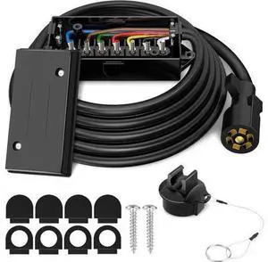 8-foot 7-pin trailer plug, complete with a 7-pin junction box, 7-pin trailer wiring harness, heavy-duty 7-pin trailer cable, and a waterproof junction box 8-foot 7-pin trailer plug, complete with a 7-pin junction box, 7-pin trailer wiring harness, heavy-duty 7-pin trailer cable, and a waterproof junction box