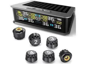 Six-wheel RV tire pressure monitoring system (TPMS) - 6 sensors and 6 alarm modes | 0 - 144 PSI ± 1.5 PSI, solar/USB charging | For Dually trucks and heavy trailers Six-wheel RV tire pressure monitoring system (TPMS) - 6 sensors and 6 alarm modes | 0 - 144 PSI ± 1.5 PSI, solar/USB charging | For Dually trucks and heavy trailers
