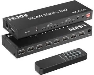 6x2 HDMI 2.0 Matrix Switch Splitter, 6 In 2 Out HDMI Matrix Switcher Support 4K@60Hz 18Gbps UHD HDR HDCP 2.2, Built-in Optical SPDIF 3.5mm Audio Extractor, EDID Management with Remote Control 6x2 HDMI 2.0 Matrix Switch Splitter, 6 In 2 Out HDMI Matrix Switcher Support 4K@60Hz 18Gbps UHD HDR HDCP 2.2, Built-in Optical SPDIF 3.5mm Audio Extractor, EDID Management with Remote Control