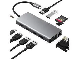 11 in 1 USB C Hub Multiport Docking Station, USB-C Dongle with 4K HDMI, VGA, Gigabit Ethernet, 100W PD Charging, 2 USB 3.0, 2 USB 2.0, Mic/Audio, SD/TF Card Reader Compatible with MacBook Pro/Air and 11 in 1 USB C Hub Multiport Docking Station, USB-C Dongle with 4K HDMI, VGA, Gigabit Ethernet, 100W PD Charging, 2 USB 3.0, 2 USB 2.0, Mic/Audio, SD/TF Card Reader Compatible with MacBook Pro/Air and