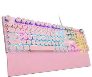 F2088 Retro Typewriter Style Wired Mechanical Keyboard, Pink Gaming Keyboard with Blue Switches, Rainbow Backlight, Round Keycaps, Media Control Knob and Detachable Wrist Rest F2088 Retro Typewriter Style Wired Mechanical Keyboard, Pink Gaming Keyboard with Blue Switches, Rainbow Backlight, Round Keycaps, Media Control Knob and Detachable Wrist Rest