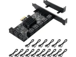16 Port PCIe 1X SATA 3.0 Expansion Card, 6Gbps PCI-E to SATA Controller with ASM1064+3JMB575 Chips, Low Profile Bracket and 16 SATA Cables for NAS Desktop Server Storage 16 Port PCIe 1X SATA 3.0 Expansion Card, 6Gbps PCI-E to SATA Controller with ASM1064+3JMB575 Chips, Low Profile Bracket and 16 SATA Cables for NAS Desktop Server Storage