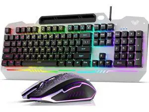 T102 104 Keys Wired Keyboard Mouse Combo, RGB Backlit All-Metal Panel Waterproof Gaming Keyboard with Numpad USB Wired Set for Desktop PC Gamers T102 104 Keys Wired Keyboard Mouse Combo, RGB Backlit All-Metal Panel Waterproof Gaming Keyboard with Numpad USB Wired Set for Desktop PC Gamers