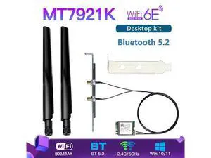 Wi-Fi 6E MediaTek MT7921k Desktop Kit Tri band 1800Mbps Bluetooth 5.2 Wireless Card 802.11AX 6DBi Antennas Windows 10 / 11 Wi-Fi 6E MediaTek MT7921k Desktop Kit Tri band 1800Mbps Bluetooth 5.2 Wireless Card 802.11AX 6DBi Antennas Windows 10 / 11