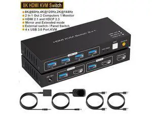 8K@60Hz USB 3.0 HDMI KVM Switch, 2 port 4K@120Hz HDMI KVM Switcher for 2 computers share 1 monitor and one set of Keyboard Mouse webcame and hard disk, wired controller and 12V/1A DC power included 8K@60Hz USB 3.0 HDMI KVM Switch, 2 port 4K@120Hz HDMI KVM Switcher for 2 computers share 1 monitor and one set of Keyboard Mouse webcame and hard disk, wired controller and 12V/1A DC power included