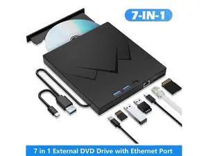 AUTYUE 7 in 1 External CD/DVD Drive For Laptop With LAN PORT, Portable DVD Player For Laptop with Ethernet Adapter USB & SD/TF Ports, USB 3.0/Type C External CD DVD Drive For PC Windows Linux MacOS AUTYUE 7 in 1 External CD/DVD Drive For Laptop With LAN PORT, Portable DVD Player For Laptop with Ethernet Adapter USB & SD/TF Ports, USB 3.0/Type C External CD DVD Drive For PC Windows Linux MacOS