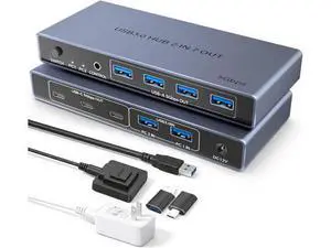 AUTYUE USB 3.0 Switch 2 in 7 Out, USB Switcher for 2 Computers Share 4 USB-A + 3 USB-C Devices - 5Gbps USB Switch Hub for Laptop Keyboard Mouse Printer with Controller, USB C Adapter, Power Adapter AUTYUE USB 3.0 Switch 2 in 7 Out, USB Switcher for 2 Computers Share 4 USB-A + 3 USB-C Devices - 5Gbps USB Switch Hub for Laptop Keyboard Mouse Printer with Controller, USB C Adapter, Power Adapter