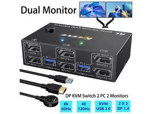 IHDAPP Displayport KVM Switch 2 Monitors 2 Computers 8K@30Hz 4K@144Hz, Dual Monitor DP KVM Switch 2 in 2 Out for 2 Computers Share 2 Monitors and 4 USB 3.0 Device,Wired Remote and 4 Cables Included IHDAPP Displayport KVM Switch 2 Monitors 2 Computers 8K@30Hz 4K@144Hz, Dual Monitor DP KVM Switch 2 in 2 Out for 2 Computers Share 2 Monitors and 4 USB 3.0 Device,Wired Remote and 4 Cables Included