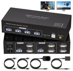 2 Port HDMI Dual Monitor KVM Switch 2 Monitors 2 Computers 4K@60Hz, USB 3.0 KVM Switches for 2 PC or Laptops Share 1 Set of Keyboard Mouse Printer and Scanner Support Extended & Duplicate Mode 2 Port HDMI Dual Monitor KVM Switch 2 Monitors 2 Computers 4K@60Hz, USB 3.0 KVM Switches for 2 PC or Laptops Share 1 Set of Keyboard Mouse Printer and Scanner Support Extended & Duplicate Mode