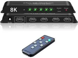 4 Port HDMI 2.1 Switch 4K@120Hz 8K@60Hz, 48Gbps transfer rate, HDMI Switcher 4 in 1 Out Support PS-5, X-box Series X, HDR10+, Do-lby Vision Do-l-by At-mos 4 Port HDMI 2.1 Switch 4K@120Hz 8K@60Hz, 48Gbps transfer rate, HDMI Switcher 4 in 1 Out Support PS-5, X-box Series X, HDR10+, Do-lby Vision Do-l-by At-mos