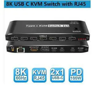 2x1 Type-C KVM Switch 8K@60Hz 2 in 1 Out, 2 Ports 8K Thunderbolt 4 USB C KVM Switch with Ethernet RJ45 100W PD Charge 3.5mm Audio Jack, Type C KVM Switch Switcher for 2 Computer 1 Monitor, Smart EDID 2x1 Type-C KVM Switch 8K@60Hz 2 in 1 Out, 2 Ports 8K Thunderbolt 4 USB C KVM Switch with Ethernet RJ45 100W PD Charge 3.5mm Audio Jack, Type C KVM Switch Switcher for 2 Computer 1 Monitor, Smart EDID