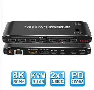 2x1 Type C KVM Switch, 8K Thunderbolt 4 USB C KVM Switch with Ethernet Port RJ45 100W PD Charge 4K 144Hz Type C KVM Switch Switcher for 2 Computer 1 Monitor 2x1 Type C KVM Switch, 8K Thunderbolt 4 USB C KVM Switch with Ethernet Port RJ45 100W PD Charge 4K 144Hz Type C KVM Switch Switcher for 2 Computer 1 Monitor