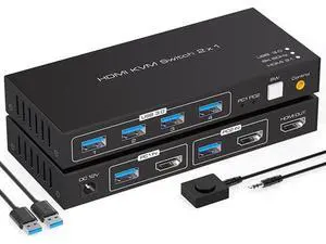 2 Port HDMI KVM Switch 2 in 1 Out, USB 3.0 KVM Switcher for 2 Computers Share Keyboard Mouse Printer Support 8K @60HZ 4K @120HZ with 4 Port USB 3.0 Support Desktop Control Including 2 USB 3.0 Cable 2 Port HDMI KVM Switch 2 in 1 Out, USB 3.0 KVM Switcher for 2 Computers Share Keyboard Mouse Printer Support 8K @60HZ 4K @120HZ with 4 Port USB 3.0 Support Desktop Control Including 2 USB 3.0 Cable