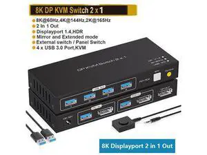 2 Port Displayport KVM Switch 2 in 1 Out, Support 4K @120HZ 8K @60HZ DP 1.4 USB 3.0 KVM Switcher for 2 Computers Share Keyboard Mouse Printer with 4x USB 3.0 Includes Desktop Control and 2 USB Cables 2 Port Displayport KVM Switch 2 in 1 Out, Support 4K @120HZ 8K @60HZ DP 1.4 USB 3.0 KVM Switcher for 2 Computers Share Keyboard Mouse Printer with 4x USB 3.0 Includes Desktop Control and 2 USB Cables