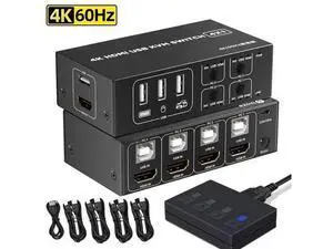4x1 HDMI KVM Switch 4 Port, 4K @60Hz HDMI USB KVM HDMI Switch Share 4 Computers with One Monitor One-Button Swapping, 4 in 1 Out KVM Switcher for Mouse Keyboard Printer with 4 USB Cables 1 Power Cable 4x1 HDMI KVM Switch 4 Port, 4K @60Hz HDMI USB KVM HDMI Switch Share 4 Computers with One Monitor One-Button Swapping, 4 in 1 Out KVM Switcher for Mouse Keyboard Printer with 4 USB Cables 1 Power Cable