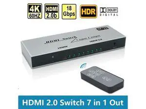HDMI 2.0 Switch 7 in 1 Out - 4K @60Hz HDMI Selector Switch with Remote,18Gbps HDMI 2.0 HDR HDCP 3D, Support 4K@60Hz 2160p 1080p Premium Quality Auto Switcher Hub for PS4/5 Xbox,TV, Nintendo HDMI 2.0 Switch 7 in 1 Out - 4K @60Hz HDMI Selector Switch with Remote,18Gbps HDMI 2.0 HDR HDCP 3D, Support 4K@60Hz 2160p 1080p Premium Quality Auto Switcher Hub for PS4/5 Xbox,TV, Nintendo