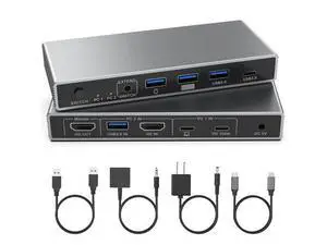 Hitoor USB-C + HDMI KVM Switch 2 in 1 Out with 3 USB A+1 USB C 3.0 Ports, 4K@60Hz Aluminum HDMI KVM Switch for 1 Laptop & 1 Desktop Share 1 Monitor Keyboard Mouse Printer, with USB Cables/Controller Hitoor USB-C + HDMI KVM Switch 2 in 1 Out with 3 USB A+1 USB C 3.0 Ports, 4K@60Hz Aluminum HDMI KVM Switch for 1 Laptop & 1 Desktop Share 1 Monitor Keyboard Mouse Printer, with USB Cables/Controller