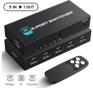 Hitoor HDMI 2.1 Switch, 5-Port HDMI 8K Switch with Remote Supports 4K@120Hz, 8K@60Hz Auto CEC 3D HDCP2.3, Ultra HD HDMI Switcher Splitter Compatible with PS5/4/3, Xbox,roku, Fire Stick, TV,Projectors Hitoor HDMI 2.1 Switch, 5-Port HDMI 8K Switch with Remote Supports 4K@120Hz, 8K@60Hz Auto CEC 3D HDCP2.3, Ultra HD HDMI Switcher Splitter Compatible with PS5/4/3, Xbox,roku, Fire Stick, TV,Projectors