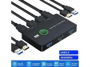 KVM Switch HDMI, Upgraded USB 3.0 and HDMI KVM Switch for 2 Computers Share Keyboard Mouse Printer to One HD Monitor, Supports 4K @60Hz, 2 HDMI Cables and 2 USB Cables Included KVM Switch HDMI, Upgraded USB 3.0 and HDMI KVM Switch for 2 Computers Share Keyboard Mouse Printer to One HD Monitor, Supports 4K @60Hz, 2 HDMI Cables and 2 USB Cables Included