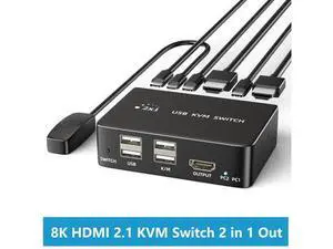 8K@60Hz HDMI 2.1 USB KVM Switch 1 Monitors 2 Computers, 4K@120Hz USB switcher HDMI KVM Switch 2 in 1 Out with Remote and 4 USB 2.0 Port, 2 USB Cables and 1 Desktop Controller for Work or Entertainment 8K@60Hz HDMI 2.1 USB KVM Switch 1 Monitors 2 Computers, 4K@120Hz USB switcher HDMI KVM Switch 2 in 1 Out with Remote and 4 USB 2.0 Port, 2 USB Cables and 1 Desktop Controller for Work or Entertainment