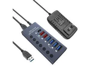 Aluminum Powered USB 3.0 Hub, 7-Port USB Hub Splitter (4 USB 3.0 Data Transmission Ports + 2 Smart Charging Ports + 1 PD Charging Port), with 36W (12V/3A) Power Adapter and Independent Switch Aluminum Powered USB 3.0 Hub, 7-Port USB Hub Splitter (4 USB 3.0 Data Transmission Ports + 2 Smart Charging Ports + 1 PD Charging Port), with 36W (12V/3A) Power Adapter and Independent Switch