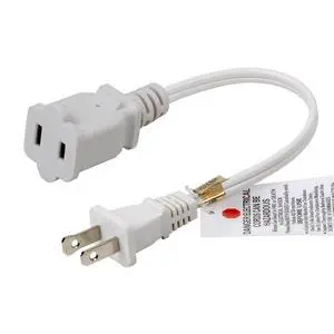 2Pack Short Polarized US 2 Prong Male-Female Extension Power Cord | 10A/125V 16AWG 2 Outlet Extension Cable Cord 1FT, Nema 1-15P to 1-15R Extension Cable, 1-Foot, White 2Pack Short Polarized US 2 Prong Male-Female Extension Power Cord | 10A/125V 16AWG 2 Outlet Extension Cable Cord 1FT, Nema 1-15P to 1-15R Extension Cable, 1-Foot, White