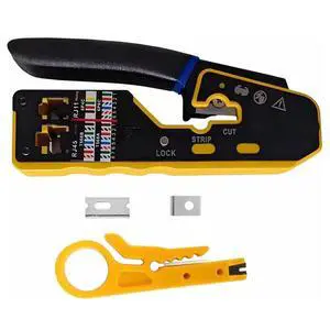 Yankok 6088N RJ45 Pass Through Crimper Crimps CAT5 CAT6 Network Connectors Strip and Cut Ethernet Cable RJ12/11 Crimp Tool Yellow (with Blade Set and Wire Stripper) Yankok 6088N RJ45 Pass Through Crimper Crimps CAT5 CAT6 Network Connectors Strip and Cut Ethernet Cable RJ12/11 Crimp Tool Yellow (with Blade Set and Wire Stripper)