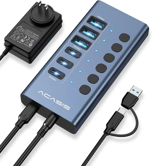 ACASIS 6 Ports Powered USB 3.2 Hub (3 USB-A 3.2 +3 USB-C 3.2), 10Gbps,Individual On/Off Switch for Each Port Aluminum Housing Better Heat Dissipation Plug & Play 48W Power Adapter ACASIS 6 Ports Powered USB 3.2 Hub (3 USB-A 3.2 +3 USB-C 3.2), 10Gbps,Individual On/Off Switch for Each Port Aluminum Housing Better Heat Dissipation Plug & Play 48W Power Adapter