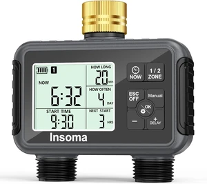Insoma Water Timer with Brass Inlet, 2 Independent Zones Outdoor Hose Timer for Garden Faucet with Auto/Manual/Rain Delay Mode, Sprinkler Irrigation Controller for Yard Lawn Insoma Water Timer with Brass Inlet, 2 Independent Zones Outdoor Hose Timer for Garden Faucet with Auto/Manual/Rain Delay Mode, Sprinkler Irrigation Controller for Yard Lawn
