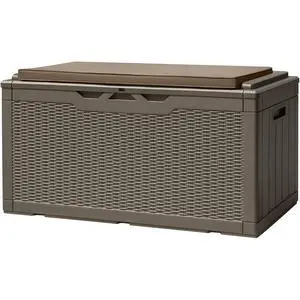 100 Gallon Deck Box, Waterproof Resin Outdoor Storage Box with Cushion for Outside, Large Outdoor Storage Bench Cabinet Lockable for Patio Furniture and Garden Tools (Brown) 100 Gallon Deck Box, Waterproof Resin Outdoor Storage Box with Cushion for Outside, Large Outdoor Storage Bench Cabinet Lockable for Patio Furniture and Garden Tools (Brown)