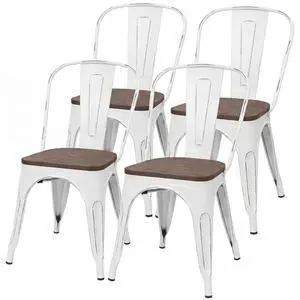 Metal Dining Chair Stackable Industrial Vintage Kitchen Chairs Indoor-Outdoor Bistro Cafe Side Chairs with Back and Wooden Seat Set of 4 (White) Metal Dining Chair Stackable Industrial Vintage Kitchen Chairs Indoor-Outdoor Bistro Cafe Side Chairs with Back and Wooden Seat Set of 4 (White)