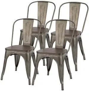Metal Dining Chair Stackable Industrial Vintage Kitchen Chairs Indoor-Outdoor Bistro Cafe Side Chairs with Back and Wooden Seat Set of 4 (Gun) Metal Dining Chair Stackable Industrial Vintage Kitchen Chairs Indoor-Outdoor Bistro Cafe Side Chairs with Back and Wooden Seat Set of 4 (Gun)