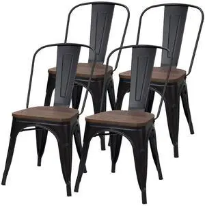 Metal Dining Chair Stackable Industrial Vintage Kitchen Chairs Indoor-Outdoor Bistro Cafe Side Chairs with Back and Wooden Seat Set of 4 (Black) Metal Dining Chair Stackable Industrial Vintage Kitchen Chairs Indoor-Outdoor Bistro Cafe Side Chairs with Back and Wooden Seat Set of 4 (Black)