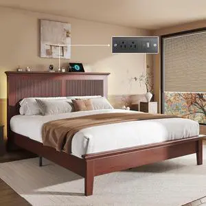 Queen Bed Frame with Headboard, Solid Wood Bed Frame Queen Size with Charging Station & RGB LED, Wood Slats Support, Noise-Free, Sturdy Structure, Easy Assembly, Mahogany Queen Bed Frame with Headboard, Solid Wood Bed Frame Queen Size with Charging Station & RGB LED, Wood Slats Support, Noise-Free, Sturdy Structure, Easy Assembly, Mahogany