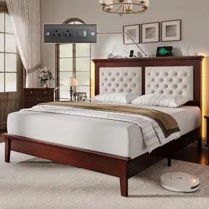 Solid Wood Queen Bed Frame 41.5 Tall Diamond-Tufted Upholstered Headboard, American Classic Flat-Top Bed, Stable Structure, Wood Slats Support, Noise-Free, No Box Spring Needed, Redish Brown Solid Wood Queen Bed Frame 41.5 Tall Diamond-Tufted Upholstered Headboard, American Classic Flat-Top Bed, Stable Structure, Wood Slats Support, Noise-Free, No Box Spring Needed, Redish Brown