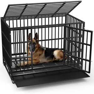 38 Inch Heavy Duty Indestructible Dog Crate, High Capacity Escape Proof Double Door Kennel with Lockable Wheels, Small Metal Dog Cage with Reinforced Steel Tubes, Removable Tray, Black 38 Inch Heavy Duty Indestructible Dog Crate, High Capacity Escape Proof Double Door Kennel with Lockable Wheels, Small Metal Dog Cage with Reinforced Steel Tubes, Removable Tray, Black