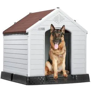 Durable Waterproof Plastic Dog House for Small to Large Sized Dogs, Indoor Outdoor Doghouse Puppy Shelter with Elevated Floor, Easy to Assemble (Brown, 39" L x 35" W x 37.4" H) Durable Waterproof Plastic Dog House for Small to Large Sized Dogs, Indoor Outdoor Doghouse Puppy Shelter with Elevated Floor, Easy to Assemble (Brown, 39" L x 35" W x 37.4" H)
